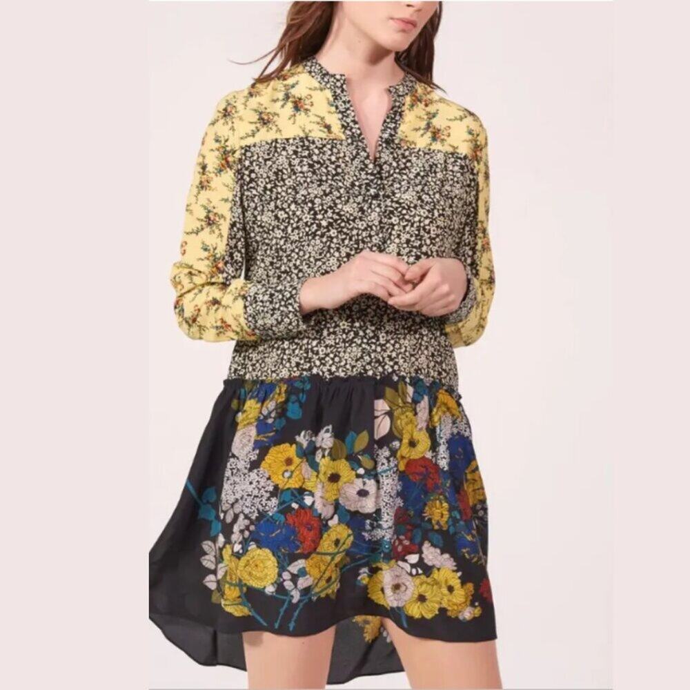 Sandro Paris Patchwork Silk Floral Mini Dress Size 1 S - Boho French Girl
